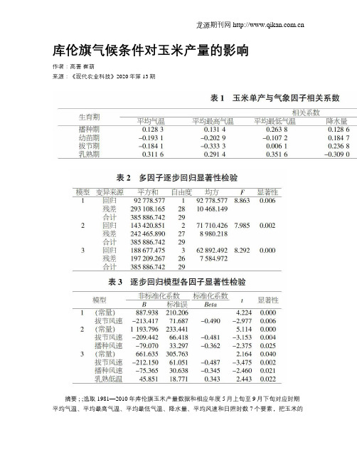 库伦旗气候条件对玉米产量的影响