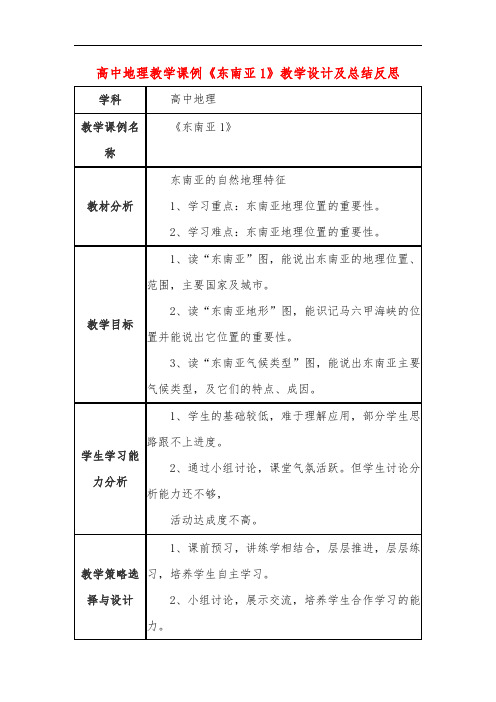 高中地理教学课例《东南亚1》课程思政核心素养教学设计及总结反思