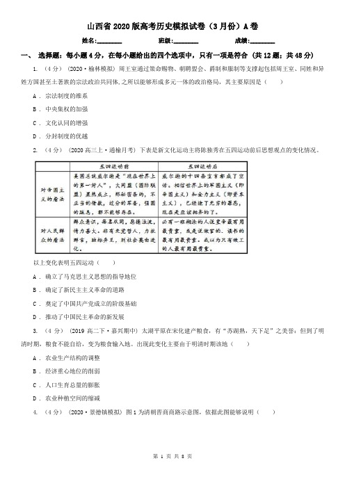 山西省2020版高考历史模拟试卷(3月份)A卷