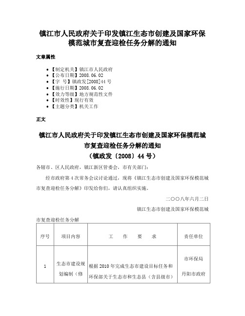 镇江市人民政府关于印发镇江生态市创建及国家环保模范城市复查迎检任务分解的通知