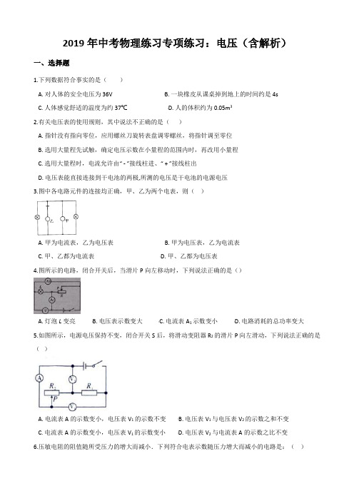 2019年中考物理练习专项练习：电压(含解析)