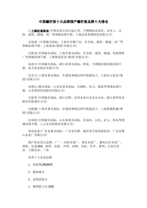 中国螺杆泵十大品牌国产螺杆泵品牌十大排名