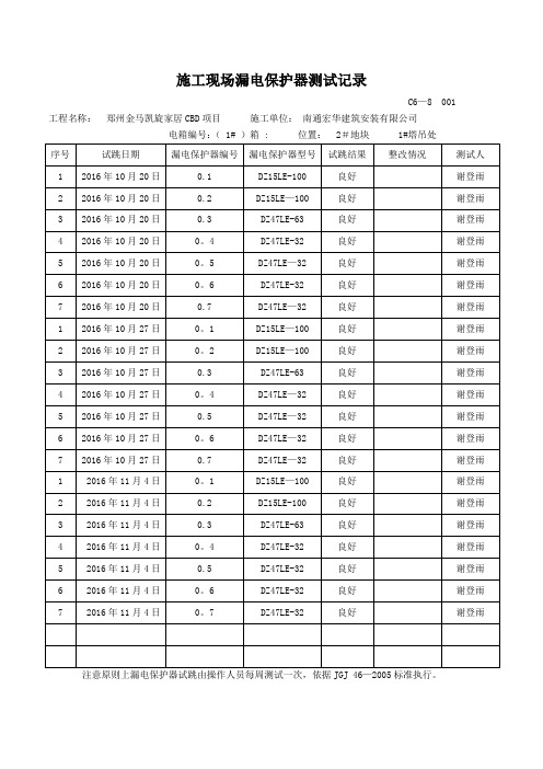 施工现场漏电保护器测试记录  1#塔吊处