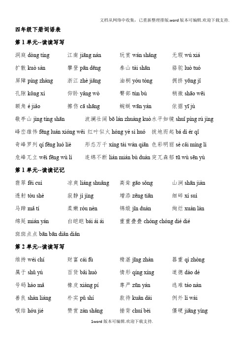 人教版小学语文四年级下册词语表(带拼音)