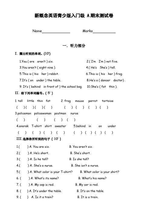 新概念英语青少版入门级A期末测试卷(1)