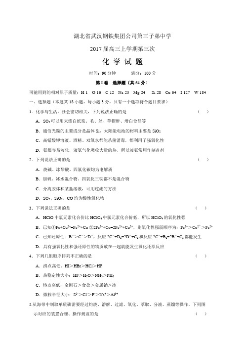 湖北省武汉钢铁集团公司第三子弟中学高三上学期第三次考试——化学(化学)