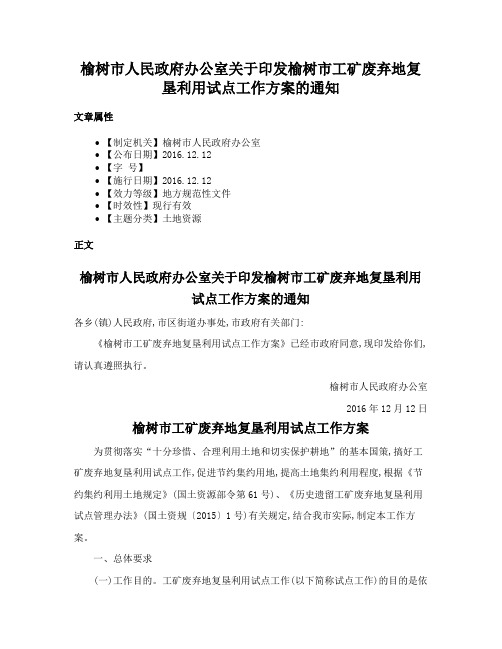 榆树市人民政府办公室关于印发榆树市工矿废弃地复垦利用试点工作方案的通知