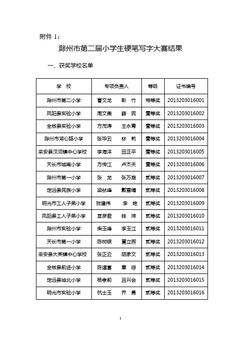 滁州市第二届小学生硬笔写字大赛结果