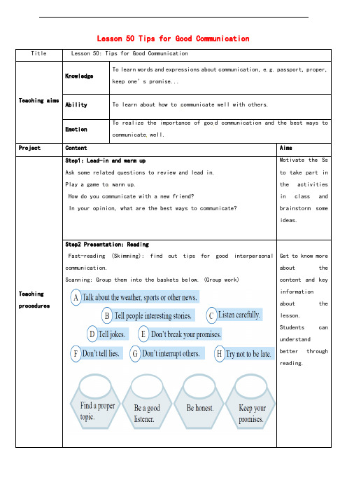 冀教版九年级英语下册Lesson50TipsforGoodCommunication优质教案(1)