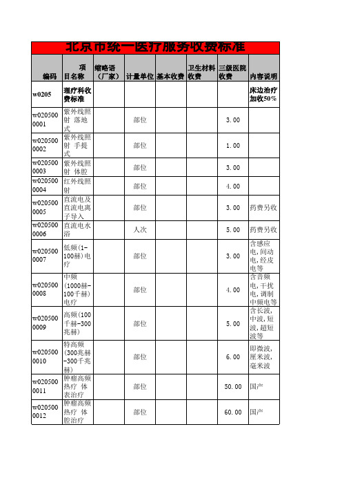 北京市统一医疗服务收费标准理理疗科