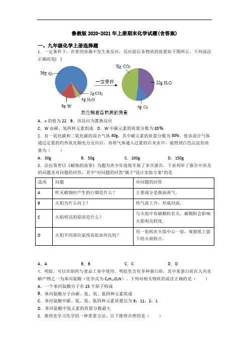 鲁教版2020-2021年初三化学上册期末化学试题(含答案)