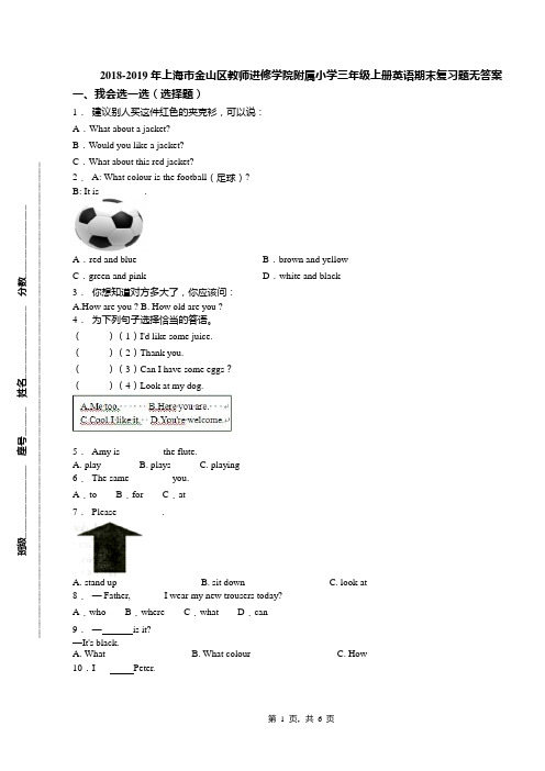 2018-2019年上海市金山区教师进修学院附属小学三年级上册英语期末复习题无答案