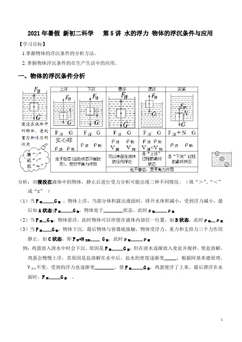 2021年暑假 新初二科学   第5讲 水的浮力 物体的浮沉与应用(知识讲解+针对练习)(无答案)