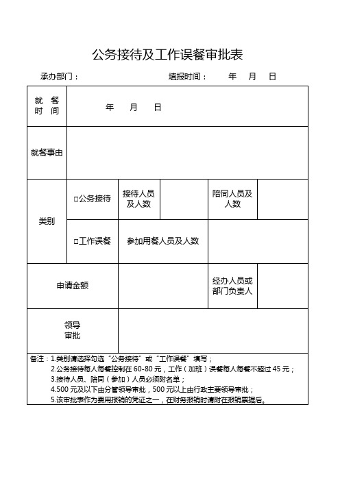 公务接待及工作误餐审批表