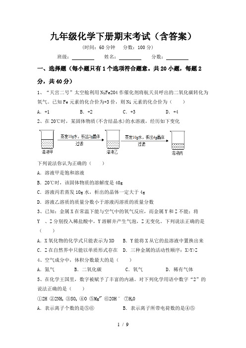 九年级化学下册期末考试(含答案)