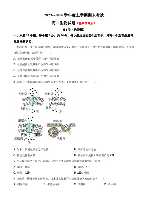 河北省衡水市2023-2024学年高一上学期期末考试 生物含解析