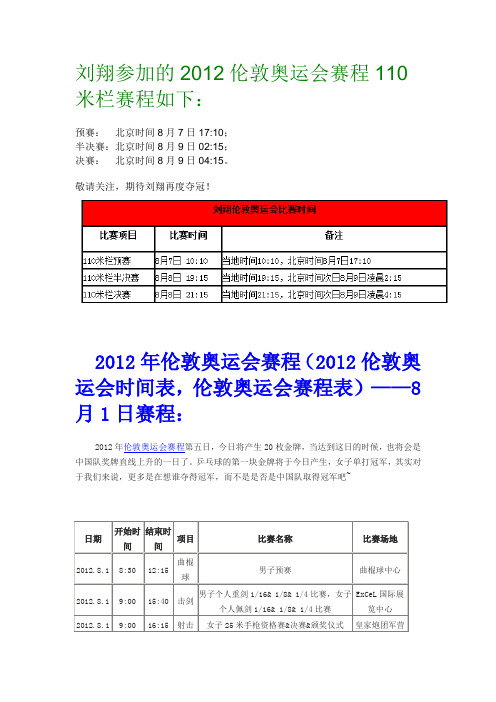 2012伦敦奥运刘翔跨栏和奥运全赛程