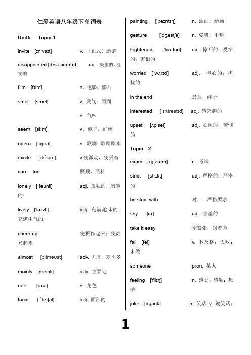 新版2015仁爱版八年级下英语单词背诵默写打印表(带音标)