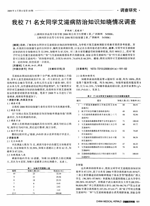 我校71名女同学艾滋病防治知识知晓情况调查