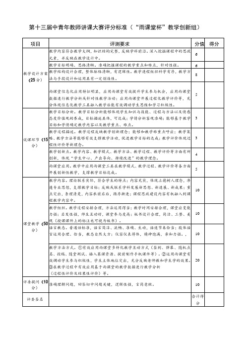 第十三届中青年教师讲课大赛评分标准“雨课堂杯”教学创新组