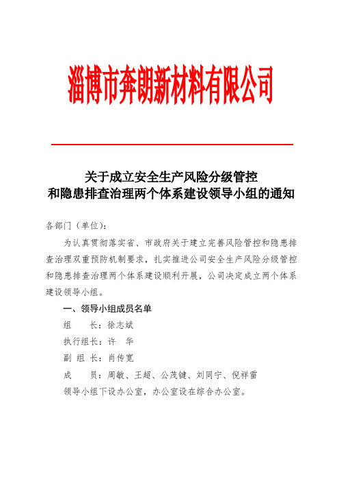 关于成立安全生产风险分级管控和隐患排查治理两个体系建设领导小组的通知(文件)