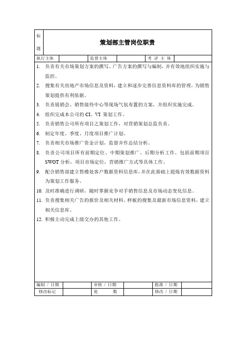 房地产项目策划部主管岗位职责