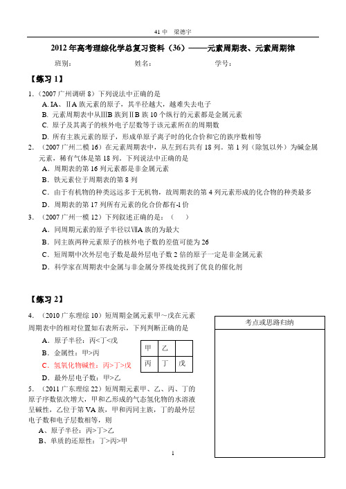 2012年高考理综化学总复习资料(36)—— 元素周期表 元素周期律1