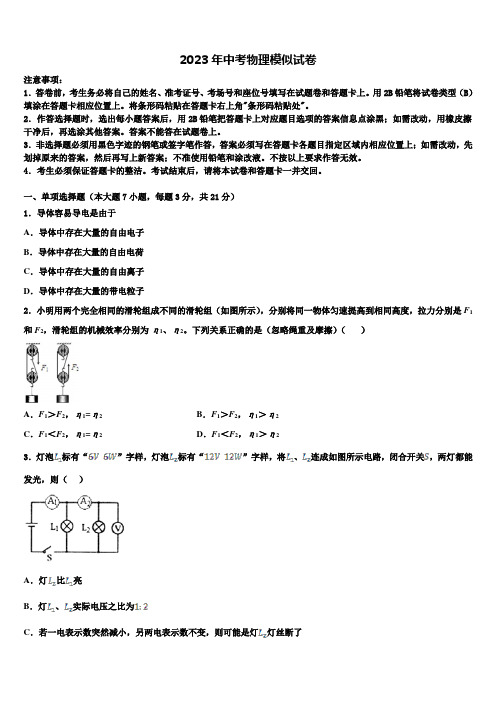 2023届浙江省杭州萧山瓜沥片校中考三模物理试题含解析