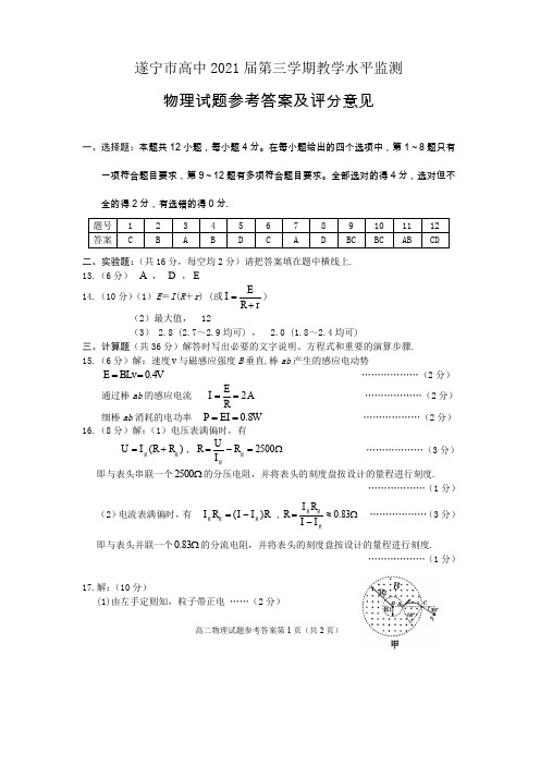 遂宁市高中2021届第三学期教学水平监测物理(答案)