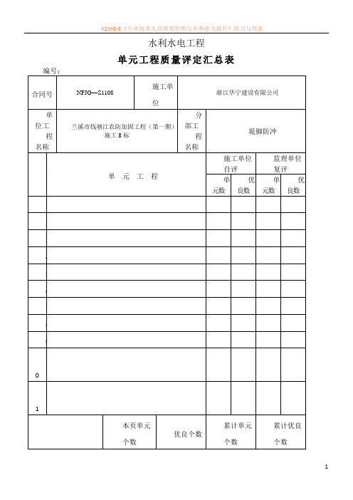 单元工程质量评定汇总表