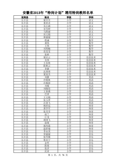 安徽省2013年“特岗计划”聘用特岗教师名单