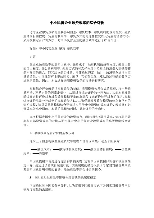 中小民营企业融资效率的综合评价