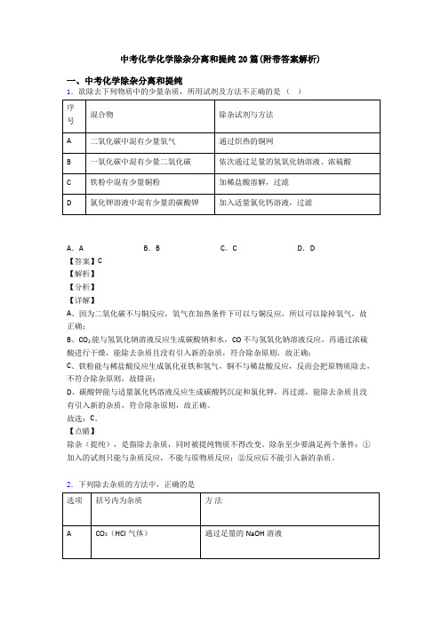 中考化学化学除杂分离和提纯20篇(附带答案解析)