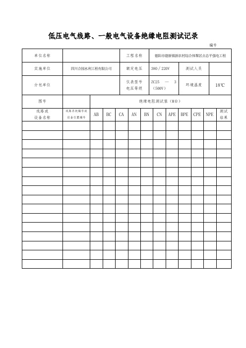 低压电气线路、照明配电箱绝缘电阻测试记录【范本模板】