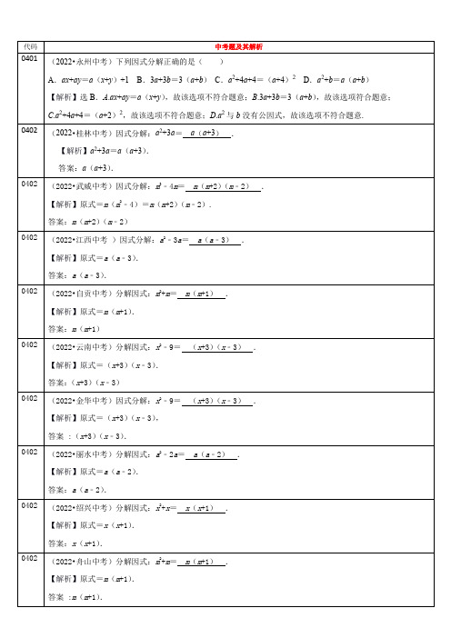 2022年全国各省中考数学真题分类解析分解因式