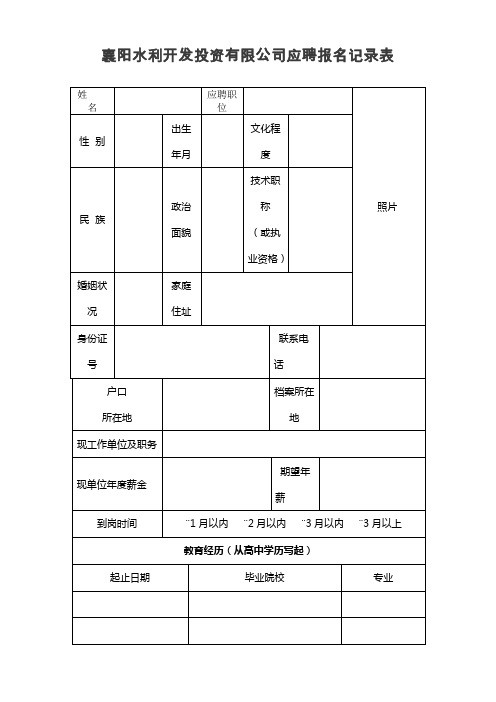 襄阳水利开发投资有限公司应聘报名记录表