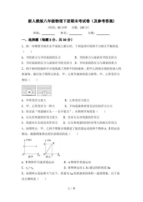 新人教版八年级物理下册期末考试卷(及参考答案)