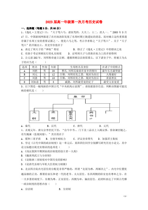 江西省上高县第二中学学年高一历史上学期第一次月考试题