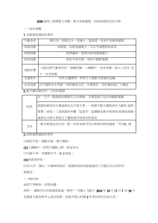 2020届高三地理复习讲解：航天发射基地、回收场地的区位分析