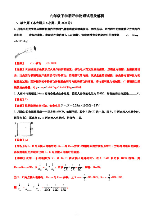 精品：九年级(下)开学考试物理试题及解析