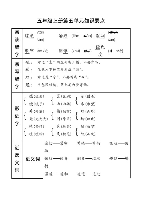 最新人教部编版小学五年级上册语文第五单元知识要点总结