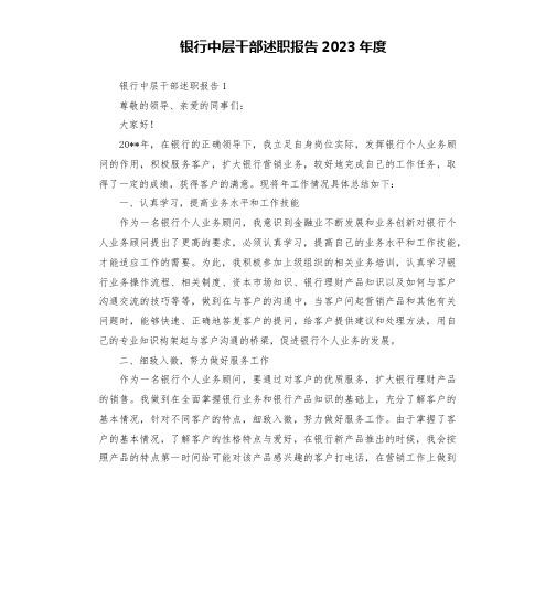 银行中层干部述职报告2023年度