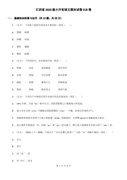 江西省2020版小升初语文期末试卷01B卷(新版)