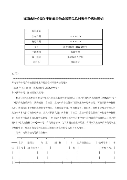 海南省物价局关于地氯雷他定等药品临时零售价格的通知-琼发改价格[2006]500号