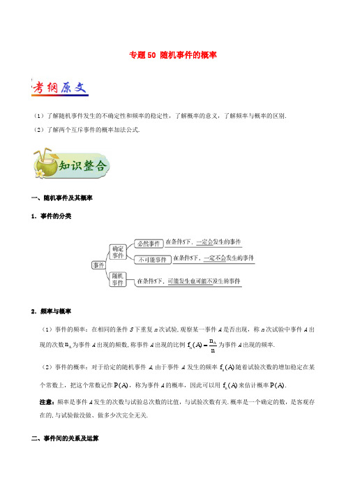 2018年高考数学 考点一遍过 专题50 随机事件的概率 理