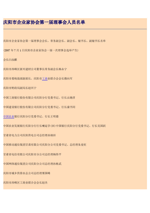 庆阳市企业家协会第一届理事会人员名单