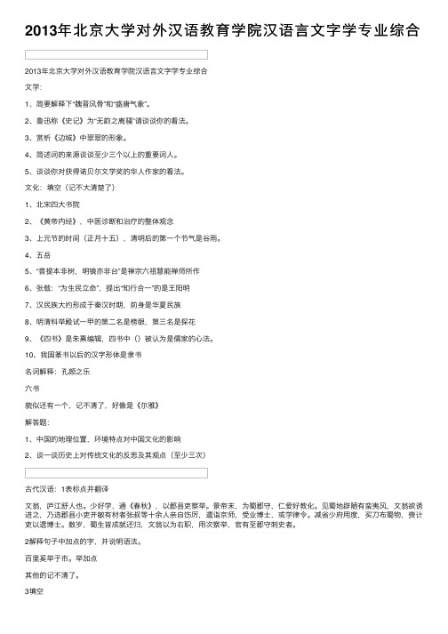 2013年北京大学对外汉语教育学院汉语言文字学专业综合