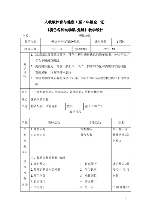 人教版体育与健康1至2年级全一册模仿各种动物跳-兔跳教案教学设计