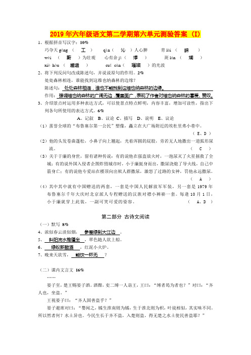 2019年六年级语文第二学期第六单元测验答案 (I)