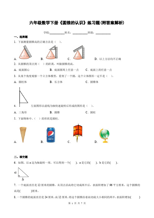 六年级数学下册《圆锥的认识》练习题(附答案解析)